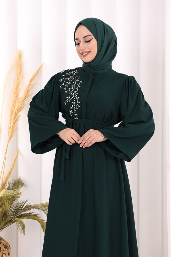 Shoulder Stone Embroidered Waist Tie Abaya 7805 Emerald - 5