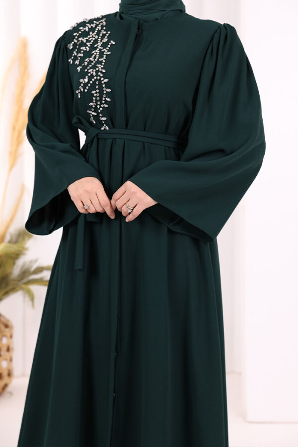 Shoulder Stone Embroidered Waist Tie Abaya 7805 Emerald - 6