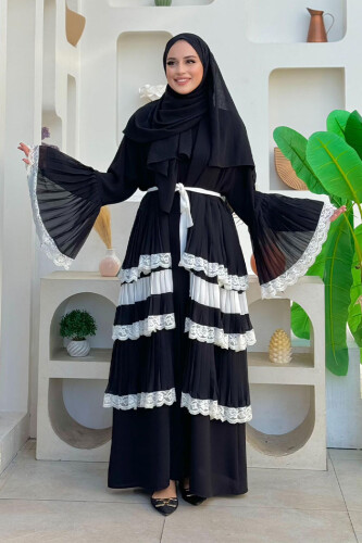 Mehrlagige Abaya in Spitzenoptik mit Ärmelbündchen und Rock 7807 Schwarz 