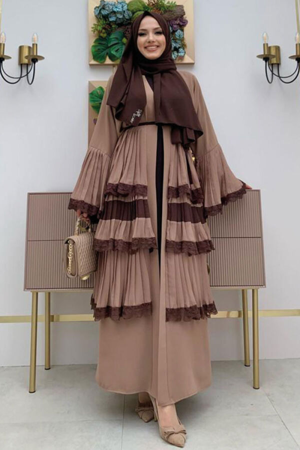Layered Lace Look Abaya with Sleeve Cuffs and Skirt 7807 Mink - 5