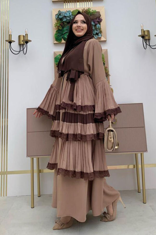 Layered Lace Look Abaya with Sleeve Cuffs and Skirt 7807 Mink - 7