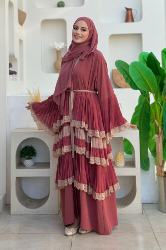 Mehrlagige Abaya in Spitzenoptik mit Ärmelbündchen und Rock 7807 Dried Rose 