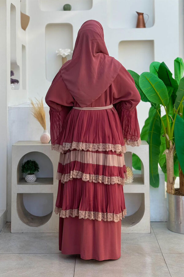 Layered Lace Look Abaya with Sleeve Cuffs and Skirt 7807 Dried Rose - 2