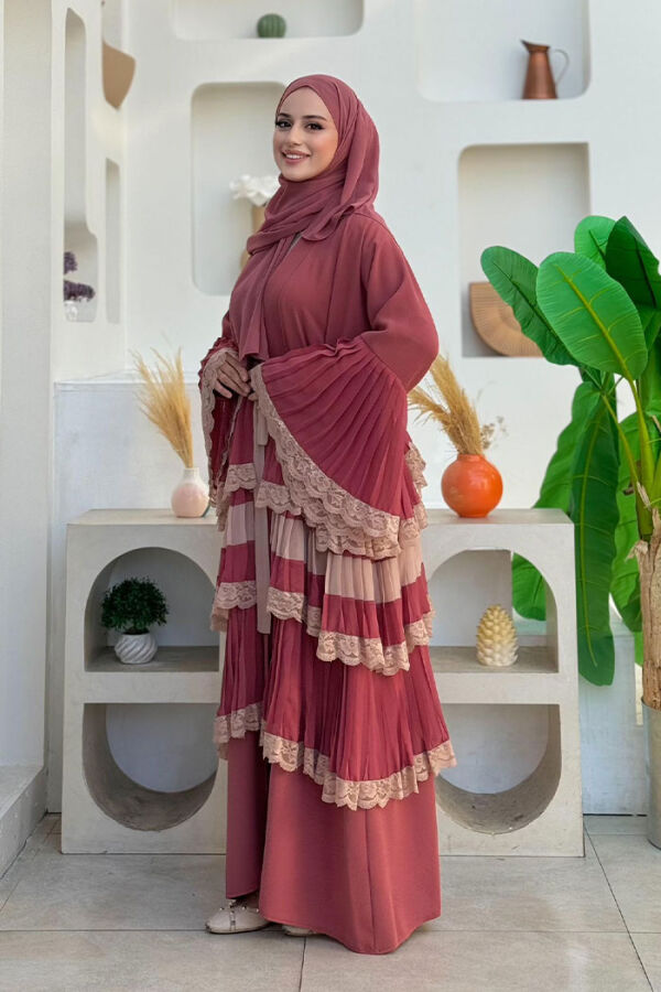 Layered Lace Look Abaya with Sleeve Cuffs and Skirt 7807 Dried Rose - 3