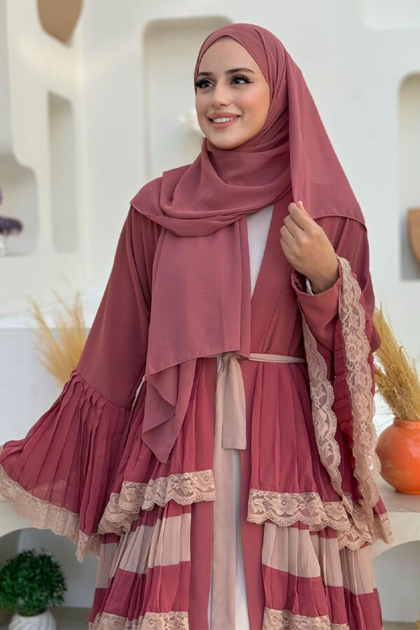 Layered Lace Look Abaya with Sleeve Cuffs and Skirt 7807 Dried Rose - 4