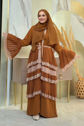 Sleeve Cuffs and Skirt Layered Lace Look Abaya 7807 Taba 