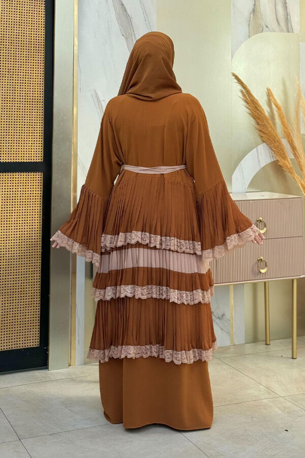 Sleeve Cuffs and Skirt Layered Lace Look Abaya 7807 Taba - 2