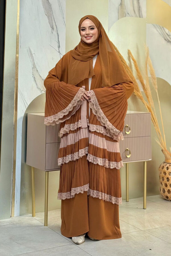 Sleeve Cuffs and Skirt Layered Lace Look Abaya 7807 Taba - 3