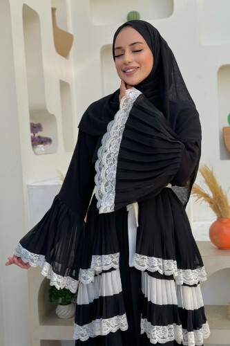 Kol Manşetleri ve Eteği Kat Kat Dantel Görünümlü Abaya 7807 Siyah - 4