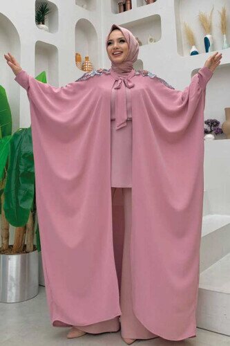 Shoulder Embroidered Bat Sleeve Detail Abaya 7808 Powder 
