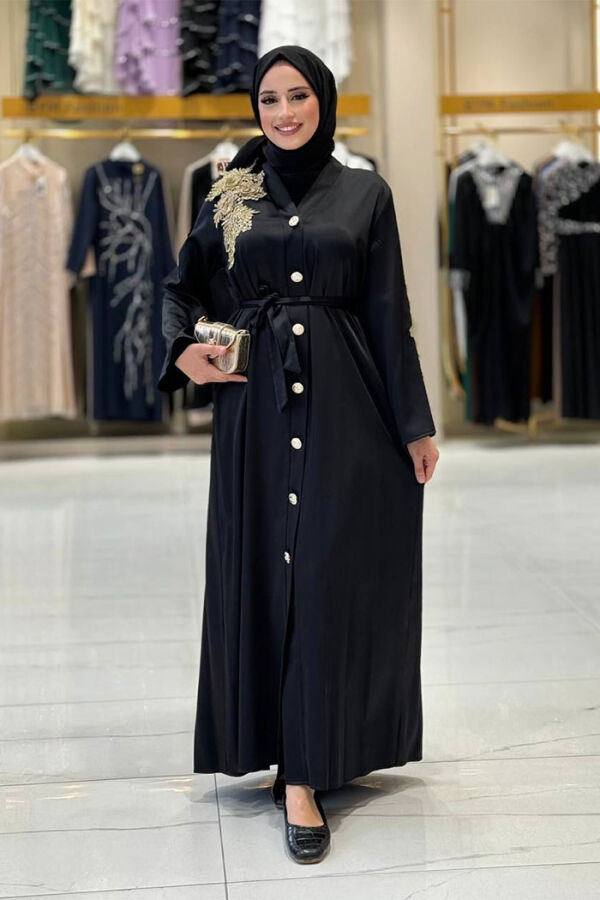Lace Guipure Embroidered Shoulder Button Satin Abaya 7813 Black - 1