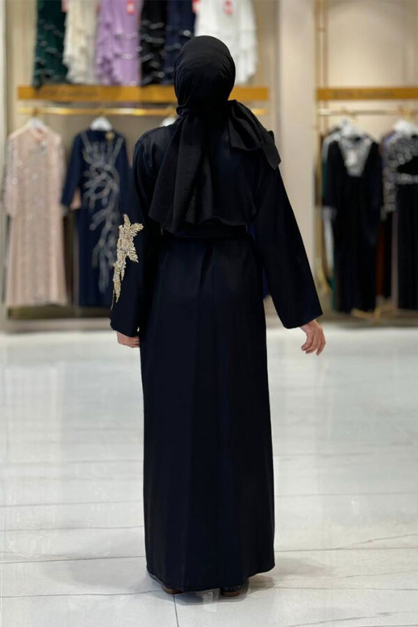 Lace Guipure Embroidered Shoulder Button Satin Abaya 7813 Black - 2