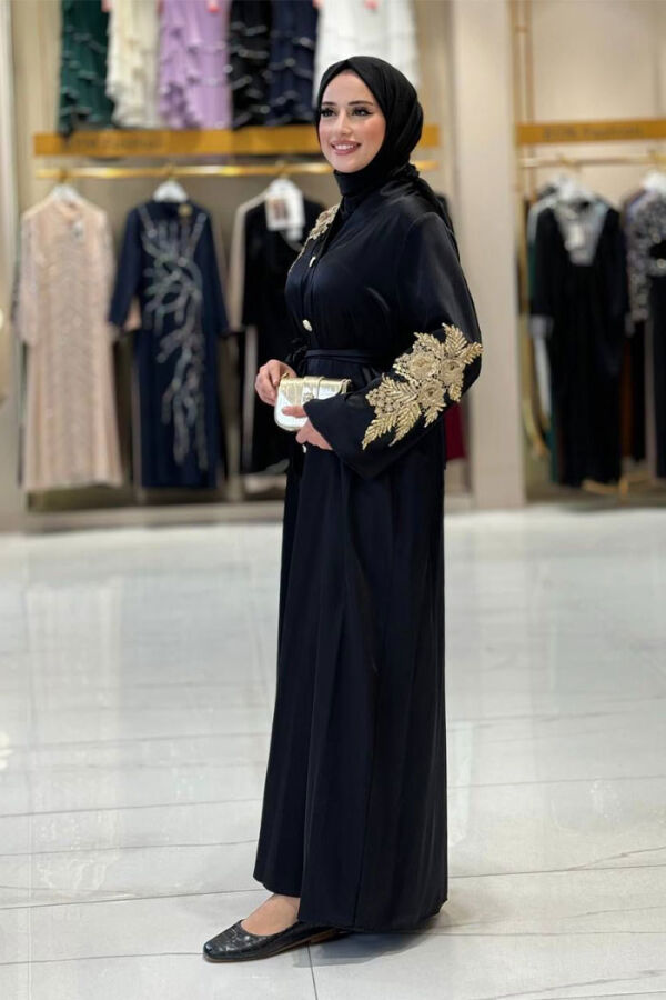 Lace Guipure Embroidered Shoulder Button Satin Abaya 7813 Black - 3