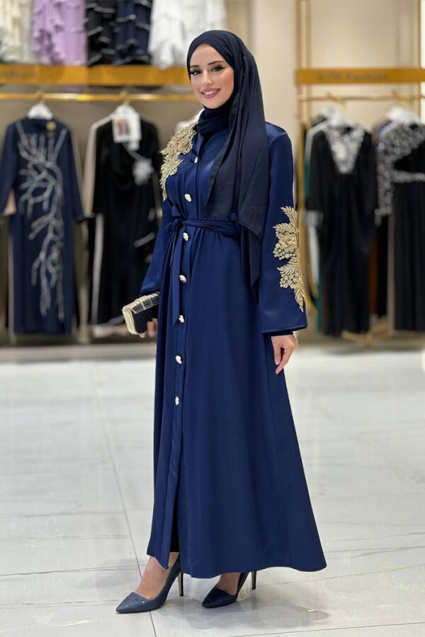 Lace Guipure Embroidered Shoulder Button Satin Abaya 7813 Navy Blue - 3