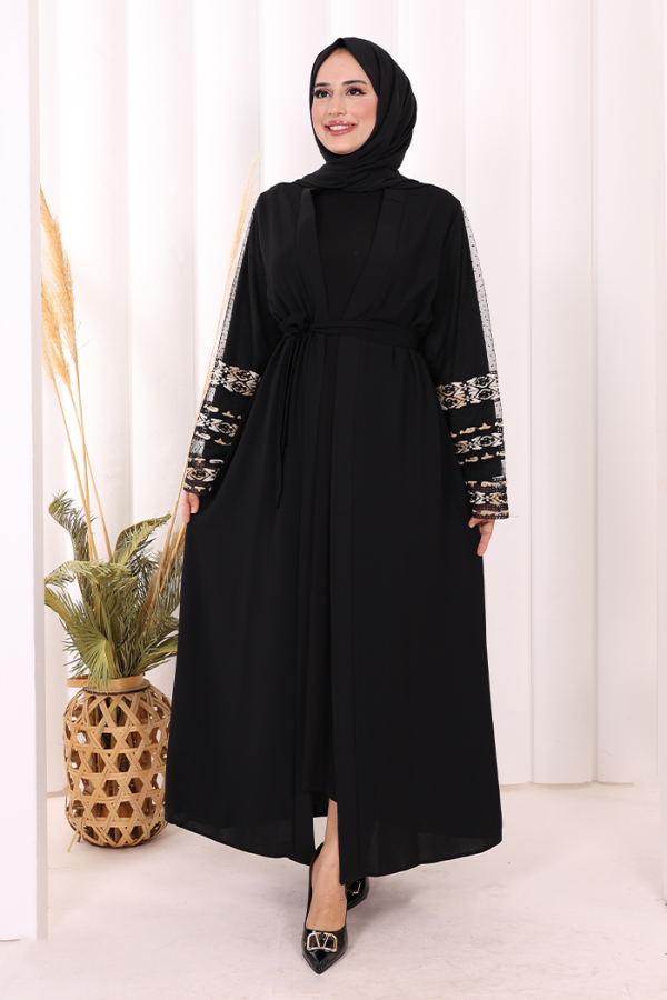 Sleeve Embroidered Waist Belted Abaya 7814 Black - 1