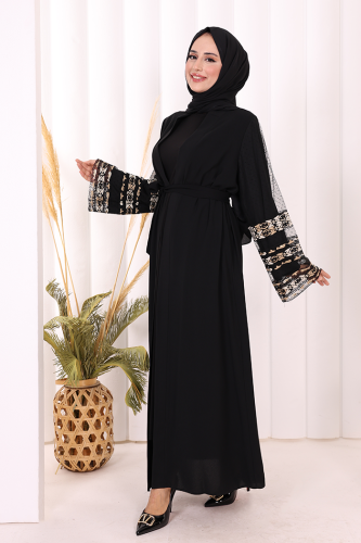 Sleeve Embroidered Waist Belted Abaya 7814 Black - 4