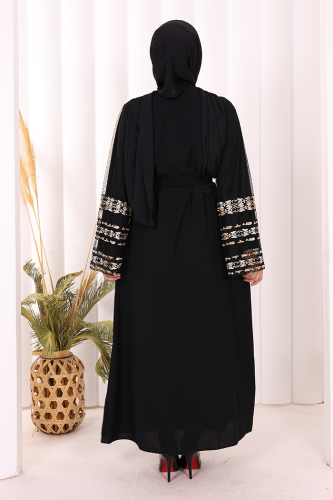 Sleeve Embroidered Waist Belted Abaya 7814 Black - 5