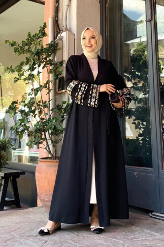 Sleeve Embroidered Waist Belted Abaya 7814 Black - 9