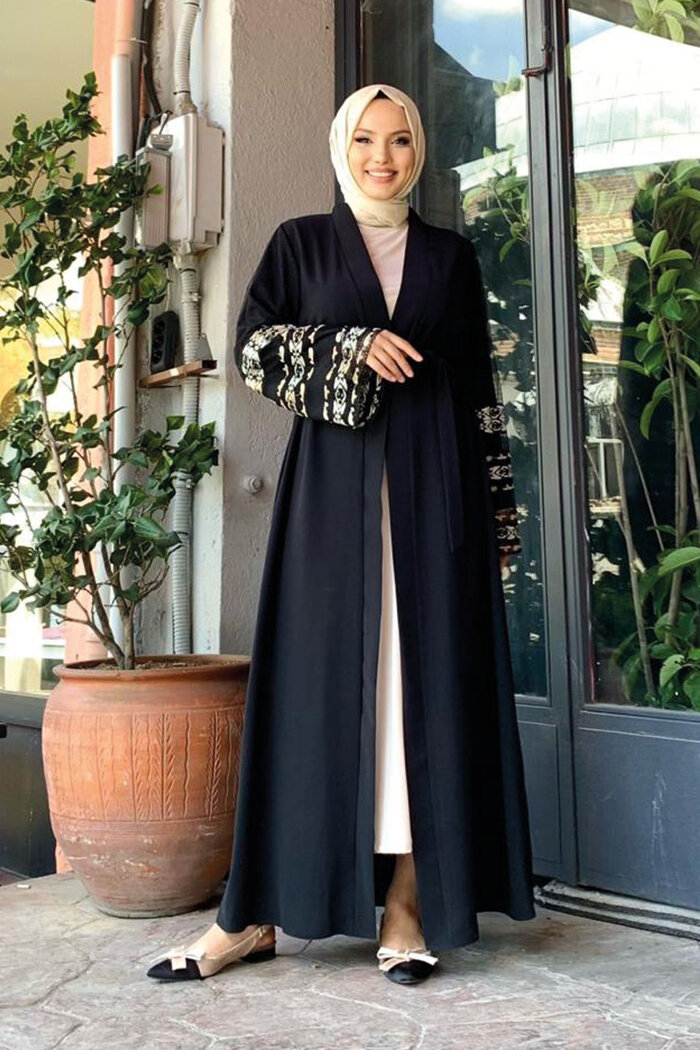 Sleeve Embroidered Waist Belted Abaya 7814 Black - 10