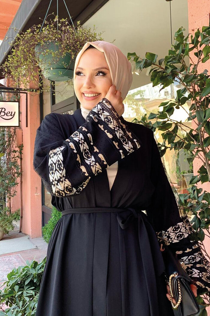 Sleeve Embroidered Waist Belted Abaya 7814 Black - 11