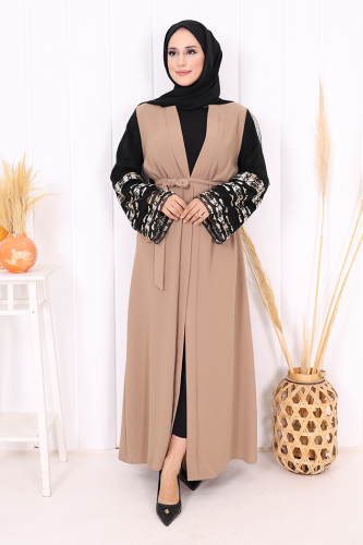 عباية بأكمام مطرزة وحزام الخصر 7814 Mink - 1
