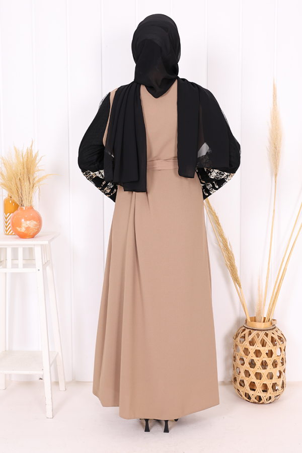 عباية بأكمام مطرزة وحزام الخصر 7814 Mink - 4