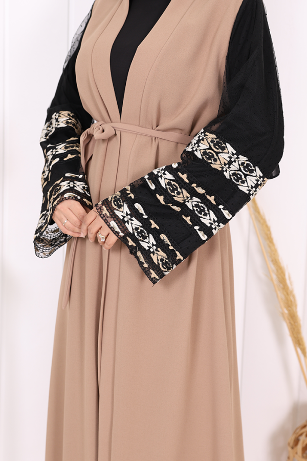 عباية بأكمام مطرزة وحزام الخصر 7814 Mink - 6