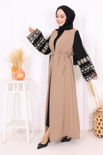 Ärmelbestickte Abaya mit Taillengürtel 7814 Nerz - 3