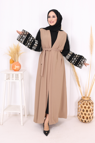 Рукав с вышивкой на талии с поясом Abaya 7814 Mink - 2