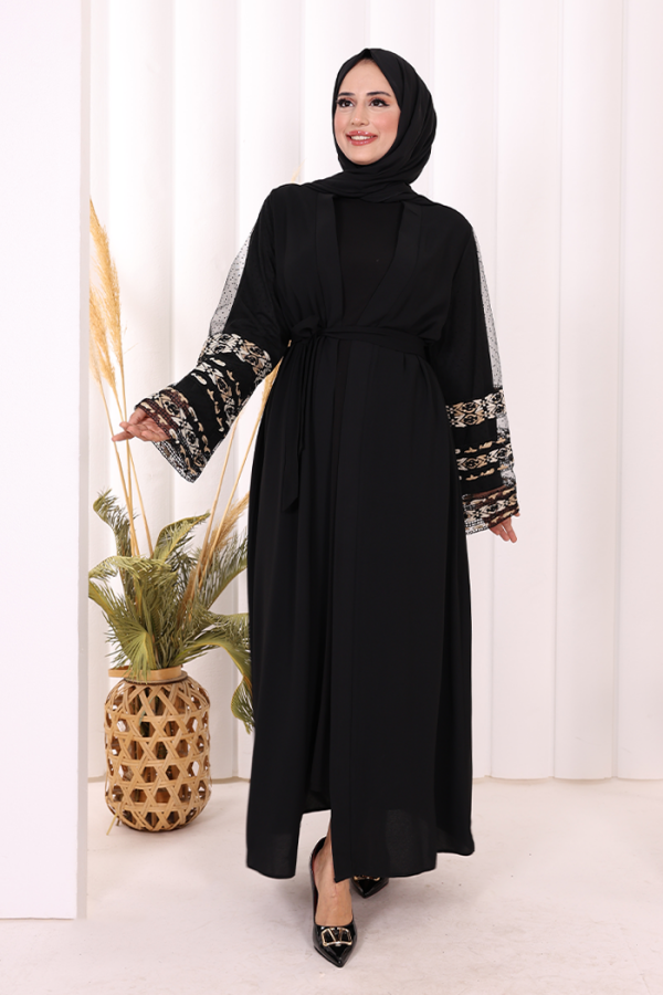Kol İşlemeli Bel Kuşaklı Abaya 7814 Siyah - 2