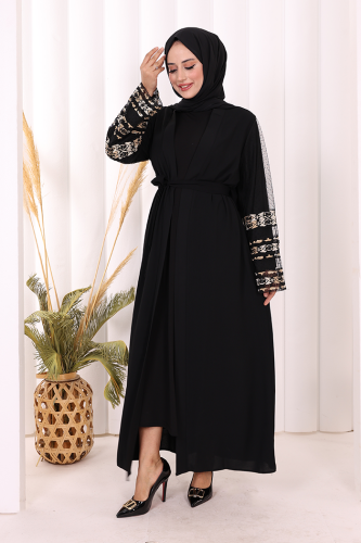 Kol İşlemeli Bel Kuşaklı Abaya 7814 Siyah - 3