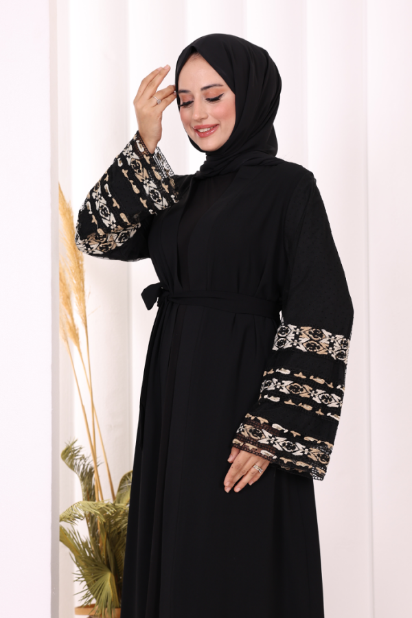 Kol İşlemeli Bel Kuşaklı Abaya 7814 Siyah - 6