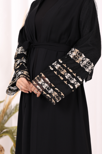 Kol İşlemeli Bel Kuşaklı Abaya 7814 Siyah - 7