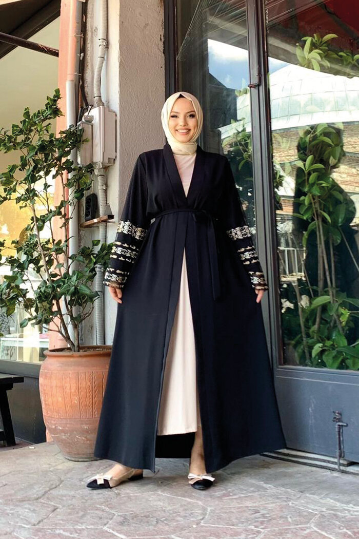 Kol İşlemeli Bel Kuşaklı Abaya 7814 Siyah - 8