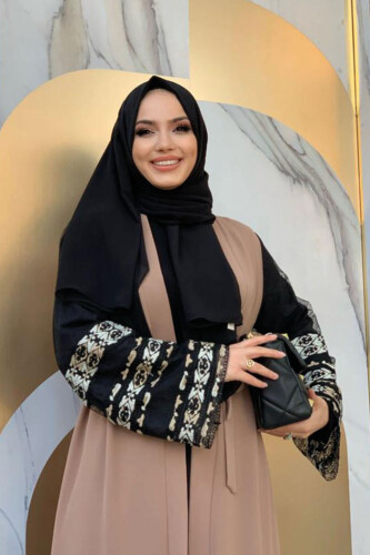 Kol İşlemeli Bel Kuşaklı Abaya 7814 Vizon - 8