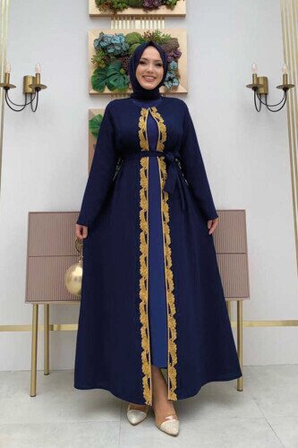 Bel Kuşaklı Boncuk İşlemeli Abaya 7821 Lacivert - 1