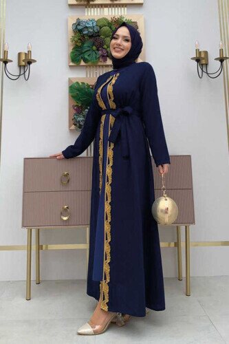 Bel Kuşaklı Boncuk İşlemeli Abaya 7821 Lacivert - 3