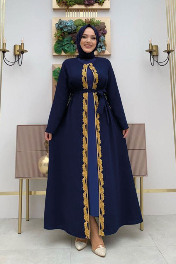 Waist Belted Bead Embroidered Abaya 7821 Navy - 5