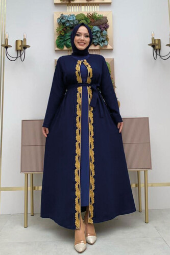 Waist Belted Bead Embroidered Abaya 7821 Navy - 6
