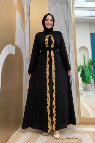 Bel Kuşaklı Boncuk İşlemeli Abaya 7821 Siyah 