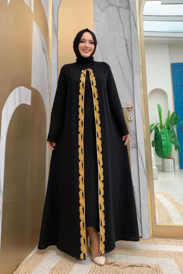 Bel Kuşaklı Boncuk İşlemeli Abaya 7821 Siyah - 2