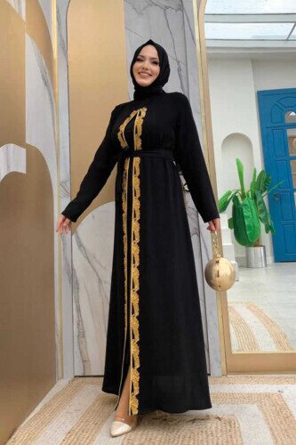 Bel Kuşaklı Boncuk İşlemeli Abaya 7821 Siyah - 3