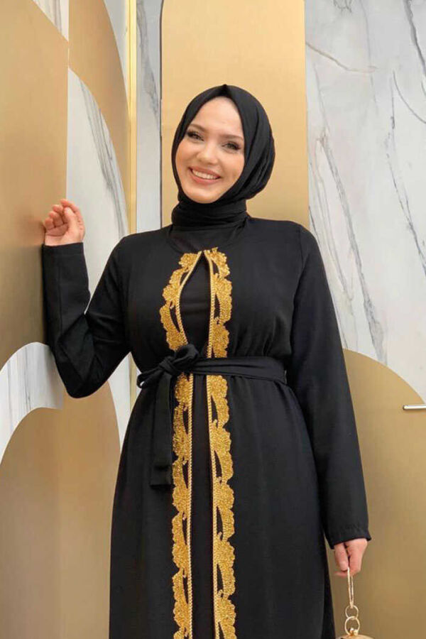 Bel Kuşaklı Boncuk İşlemeli Abaya 7821 Siyah - 4