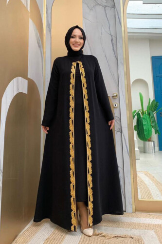 Bel Kuşaklı Boncuk İşlemeli Abaya 7821 Siyah - 6