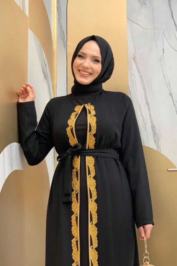 Bel Kuşaklı Boncuk İşlemeli Abaya 7821 Siyah - 8