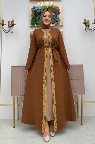 Bel Kuşaklı Boncuk İşlemeli Abaya 7821 Taba - 2