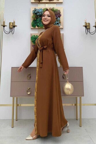 Bel Kuşaklı Boncuk İşlemeli Abaya 7821 Taba - 3