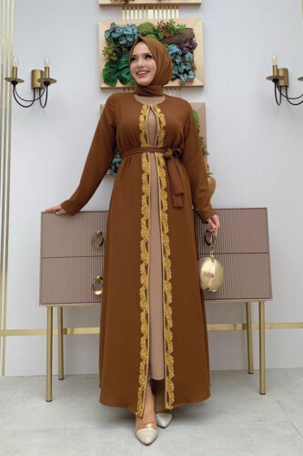 Bel Kuşaklı Boncuk İşlemeli Abaya 7821 Taba - 5