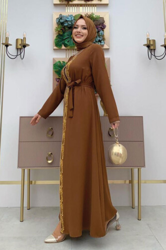 Bel Kuşaklı Boncuk İşlemeli Abaya 7821 Taba - 7