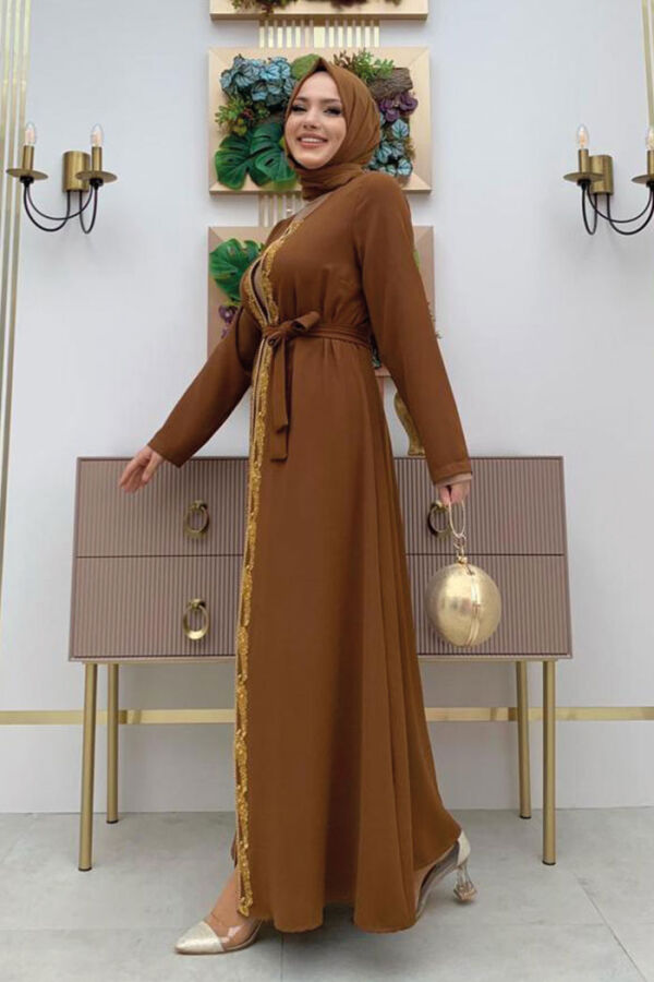 Bel Kuşaklı Boncuk İşlemeli Abaya 7821 Taba - 7
